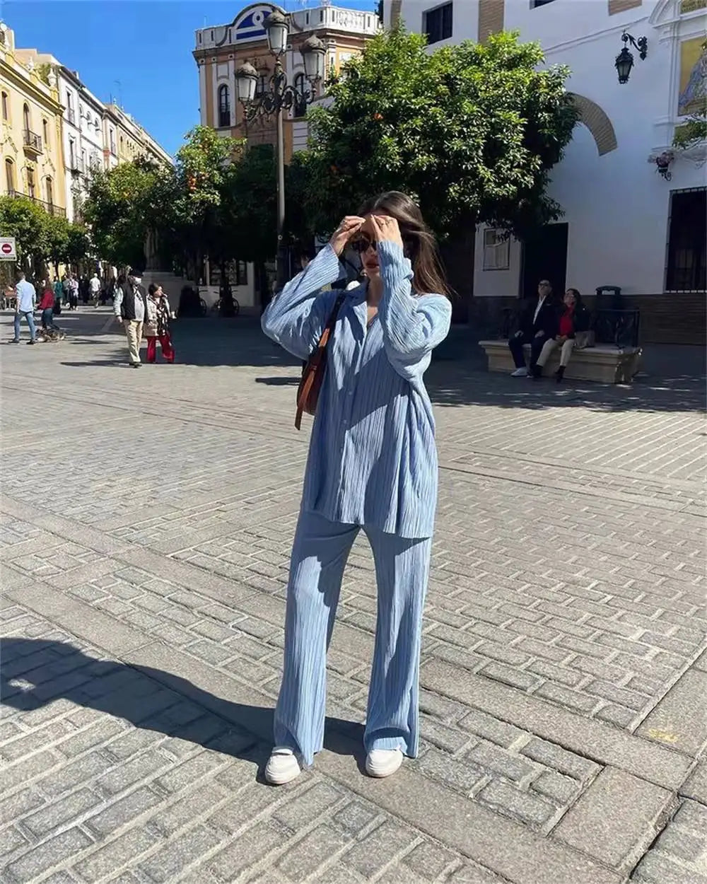 New Spring And Autumn Suit Women's Pleated Lapel Shirt Loose Casual Suit Solid Color Drape Pleated Casual Suit
