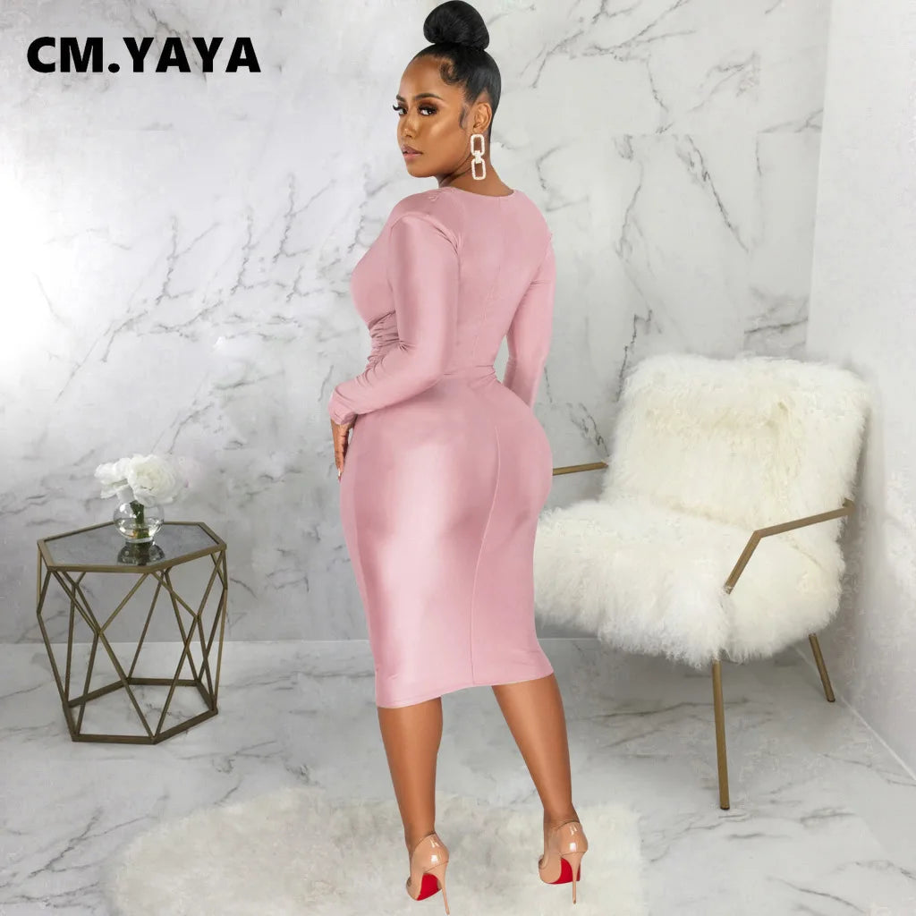 CM.YAYA Women V-neck Elegant Long Sleeve Midi Dress 2024 Winter Ruched OL Streetwear Africa Party Club Dresses Vestidos
