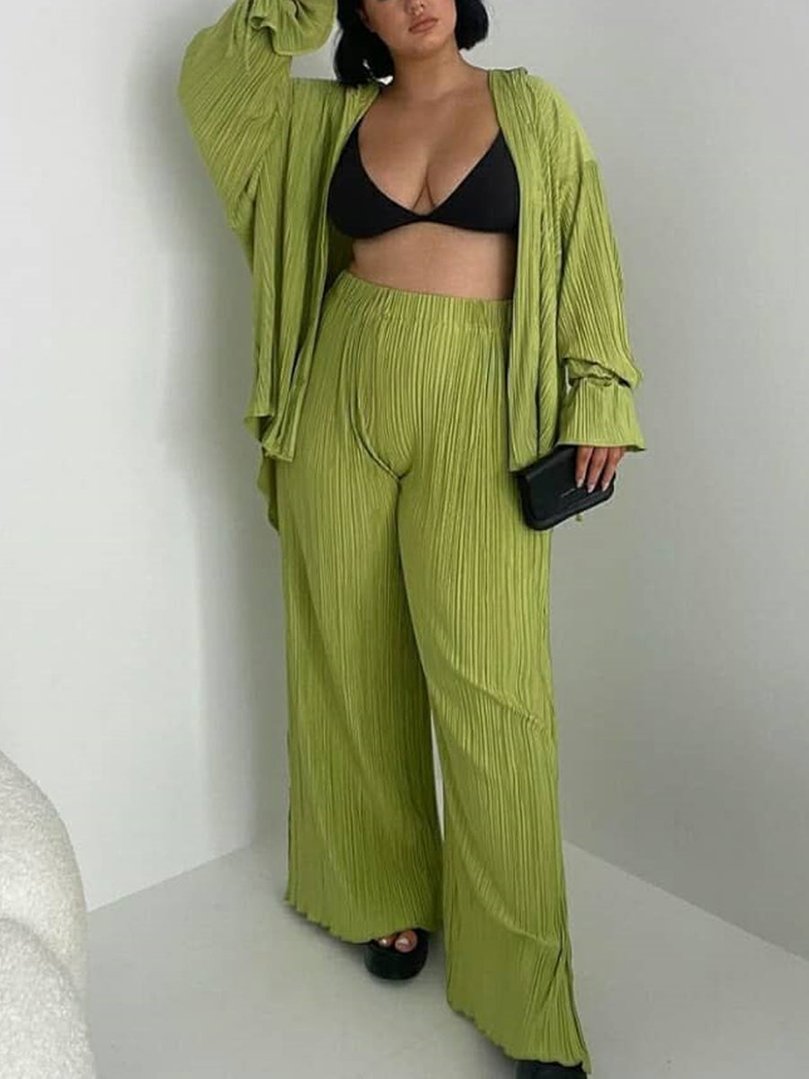 Women's Two-piece Pleated Pants Sets Chic Solid Color Long Sleeve Button Down Shirts with Straight Leg Trousers Casual Style