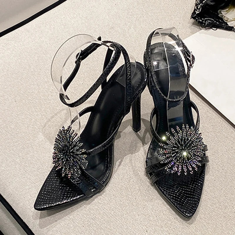 Sexy Snake Print Leather Ankle Strap Sandals for Women Summer Fashion Crystal Flower Pointed Toe High Heels Perfect for Parties