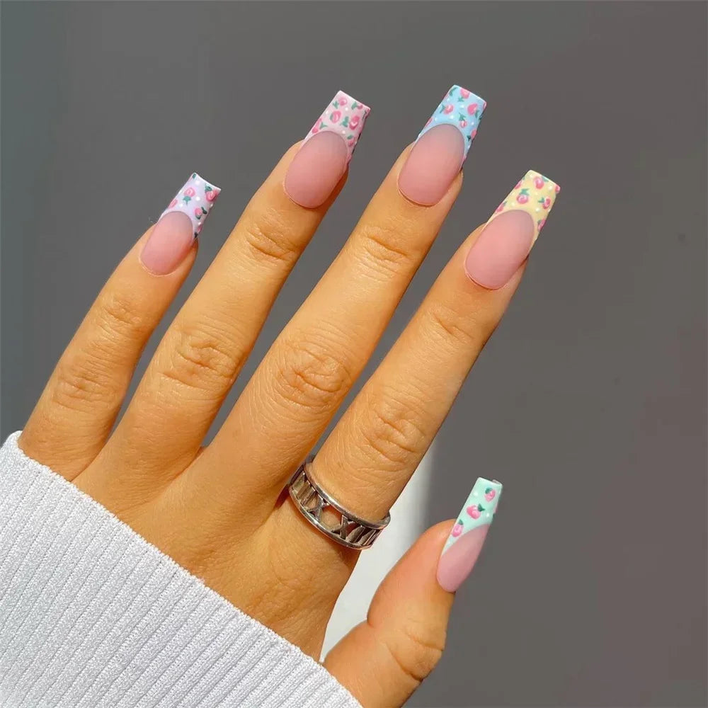 24Pcs Shimmery Long Coffin False Nails with Glue Ballerina Nail Design Sweet Fashion French Press on Acrylic Nails Manicure Tips