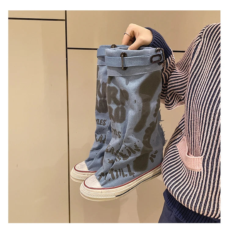 Women's Spring Graffiti High Canvas Boots Round Head Middle Follow Anti-slip Boots Women Leisure Fashion Rubber Sole Botas Mujer