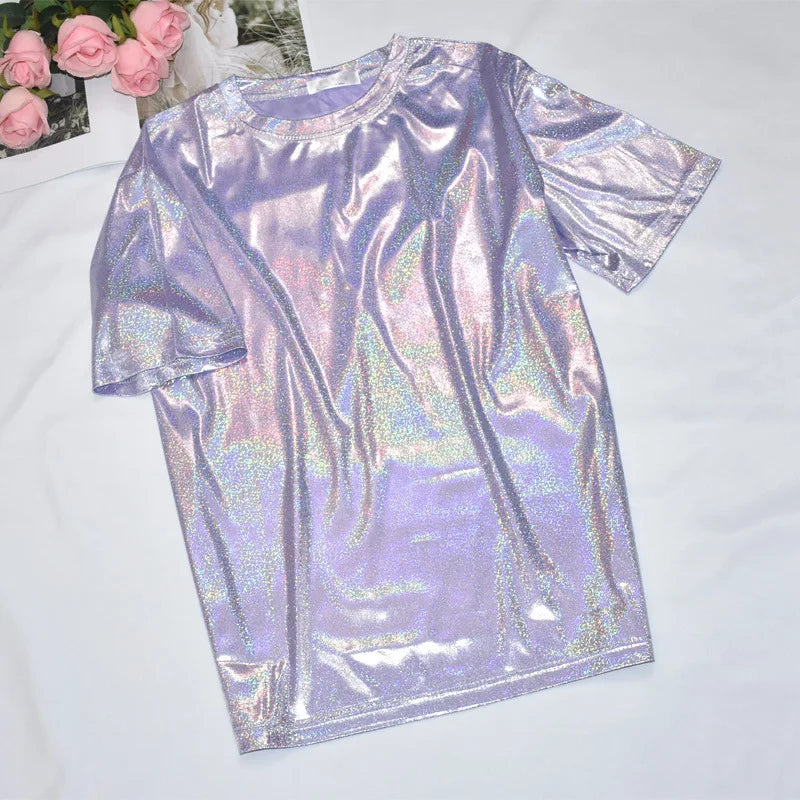 Women Bright T-shirt Silk Shiny Flash Short Sleeve Female Tide Big Shirts Student Thin Glitter Reflective Fashion Lady Clothes