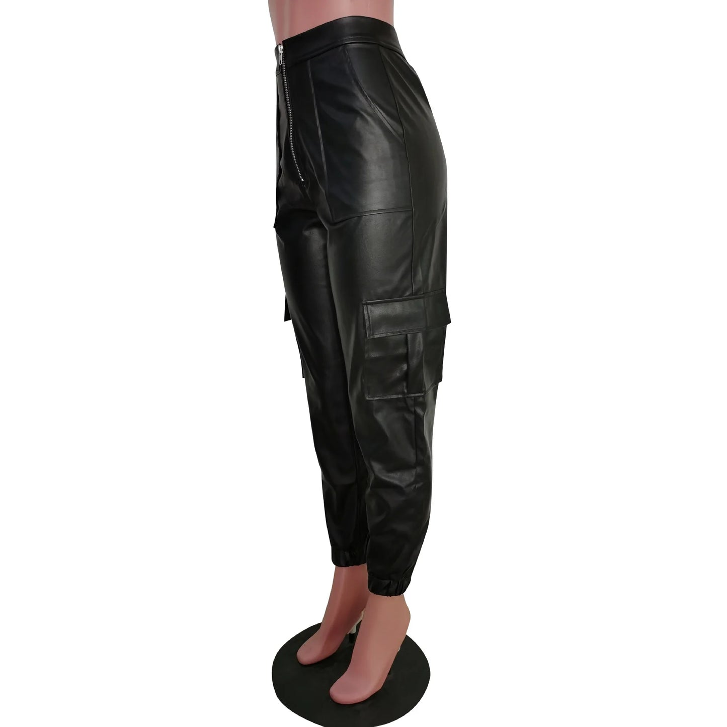 Autumn Winter Fashion Women's Trousers Faux Leather High Waisted Joggers with Zipper Multi Pocket Straight-Leg Cargo Pants