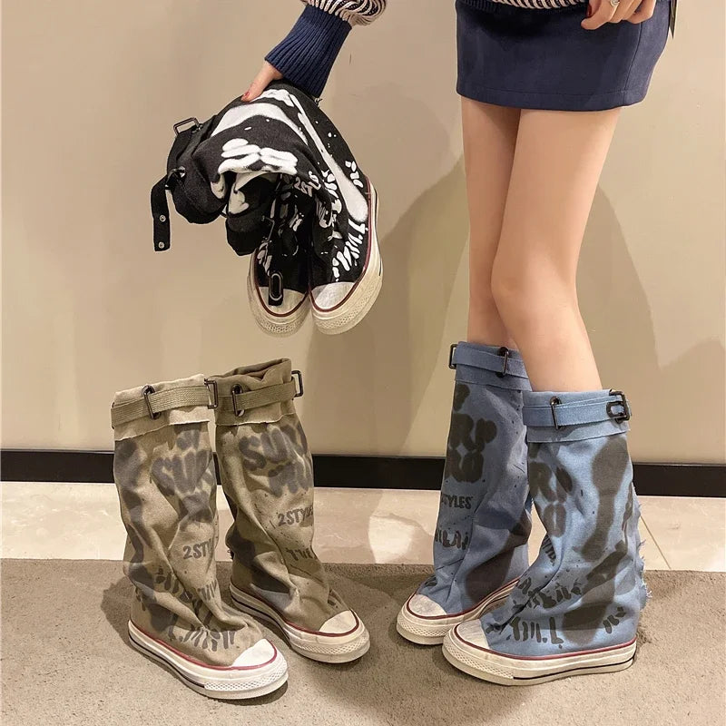 Women's Spring Graffiti High Canvas Boots Round Head Middle Follow Anti-slip Boots Women Leisure Fashion Rubber Sole Botas Mujer