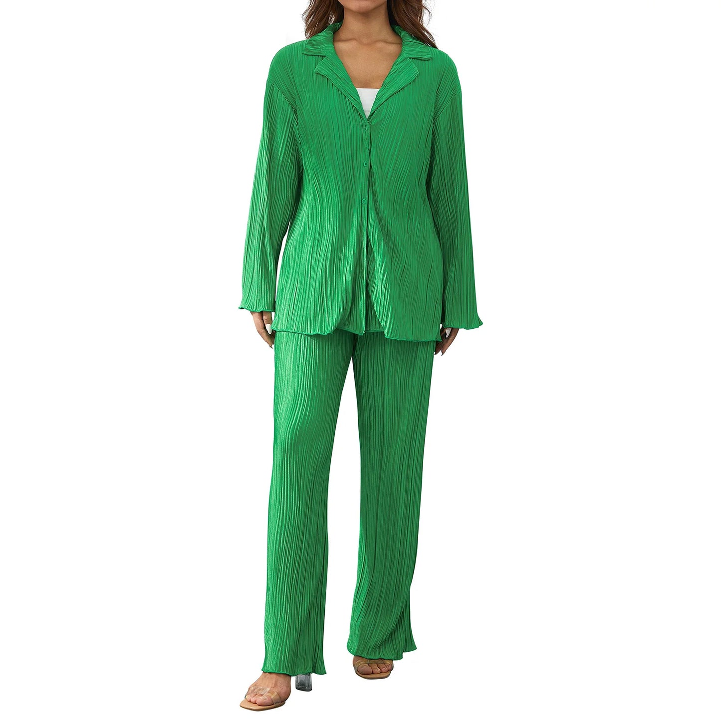 Women Pleated 2 Piece Pants Sets Spring Summer Streetwear Long Sleeve Button Down Shirt+Straight-Leg Pants Loose Outfits