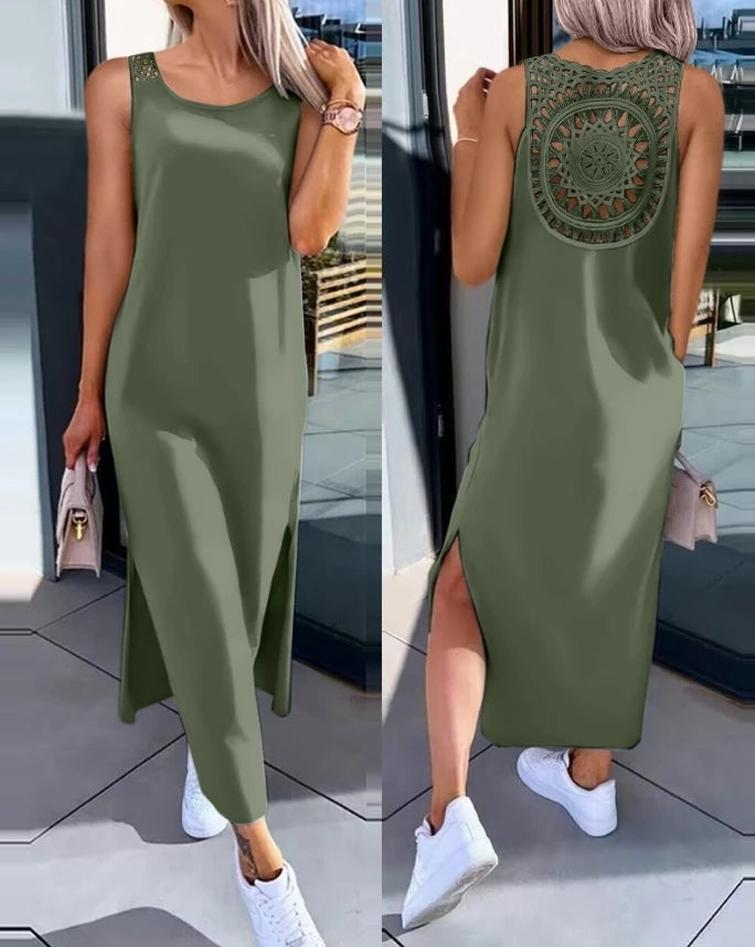 Women's Sleeveless round Neck Mid-Calf Dress Summer 2024 Fashion Slit Hollow-Out Casual Straight Dress for Daily Wear