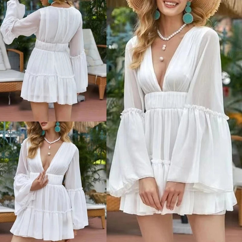 Summer Sun-dress Women Solid Color Seaside Dress Deep V-neck Long Sleeve Loose Sexy Sexy Style Polyester Maxi Dress