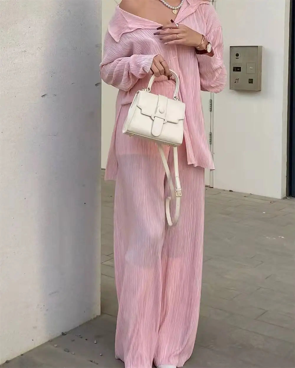 New Spring And Autumn Suit Women's Pleated Lapel Shirt Loose Casual Suit Solid Color Drape Pleated Casual Suit