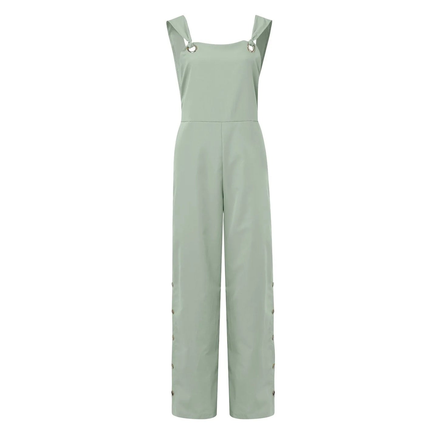 Soft Comfort Women Pants Sleeveless Knot Cotton Strappy Pants Button Openings Loose Long Sheer Mesh Patchwork Stripes Jumpsuit