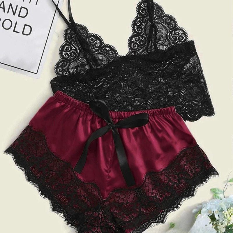 Women's Sexy Pajama Set 2 Pieces Lace Spaghetti Strap Top Shorts Sleepwear Lingerie Sleeveless Summer Clothes