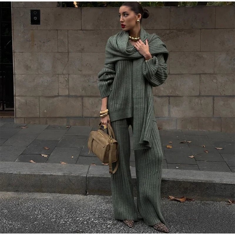 Oversize Knitted Women's Set V-Neck Full Sleeve Scarf Pullover Long Trousers Casual Loose Lady Suit for Autumn