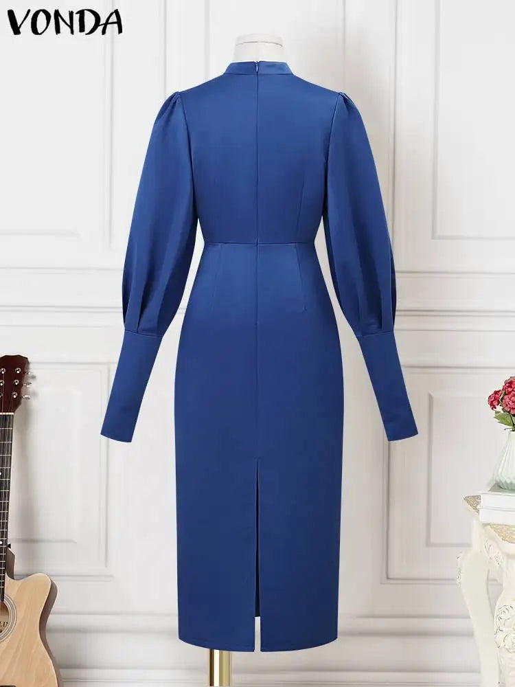 VONDA Elegant Party Dress Autumn Women Satin Silk Dress Long Sleeve Sundress Stand Collar Solid Color Casual Vestidos Robe