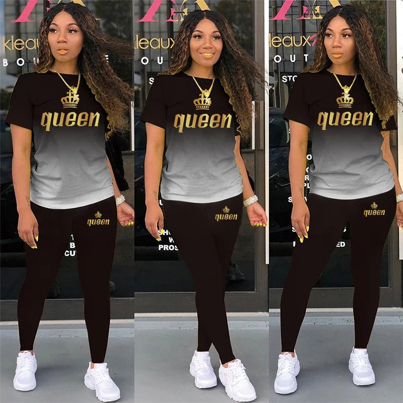 Two Piece Outfits For Yoga Fitness Athletic Sets Printed Gradient T Shirt Leggings Women's Short Sleeve Sportwear S-5XL