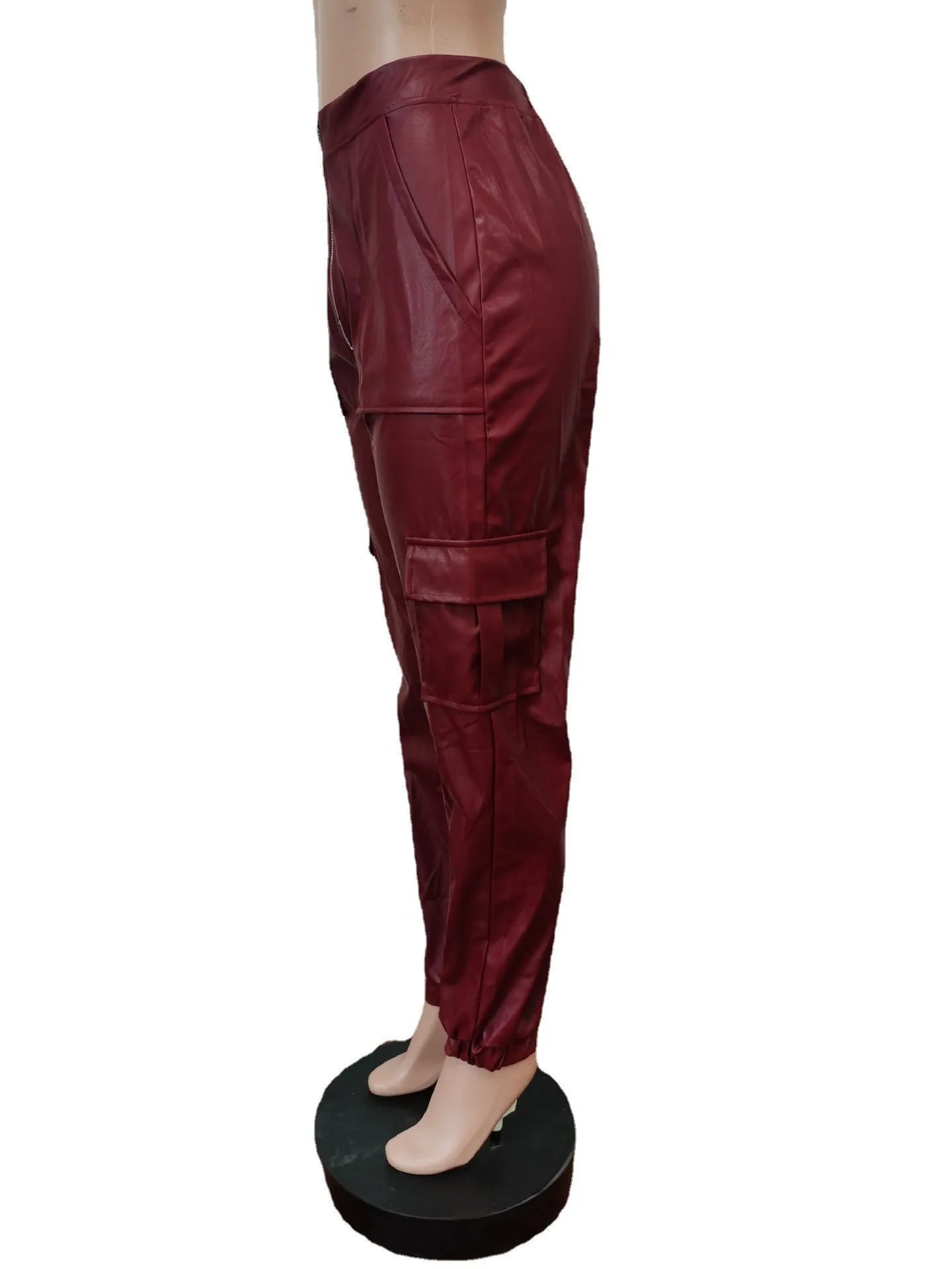 Autumn Winter Fashion Women's Trousers Faux Leather High Waisted Joggers with Zipper Multi Pocket Straight-Leg Cargo Pants