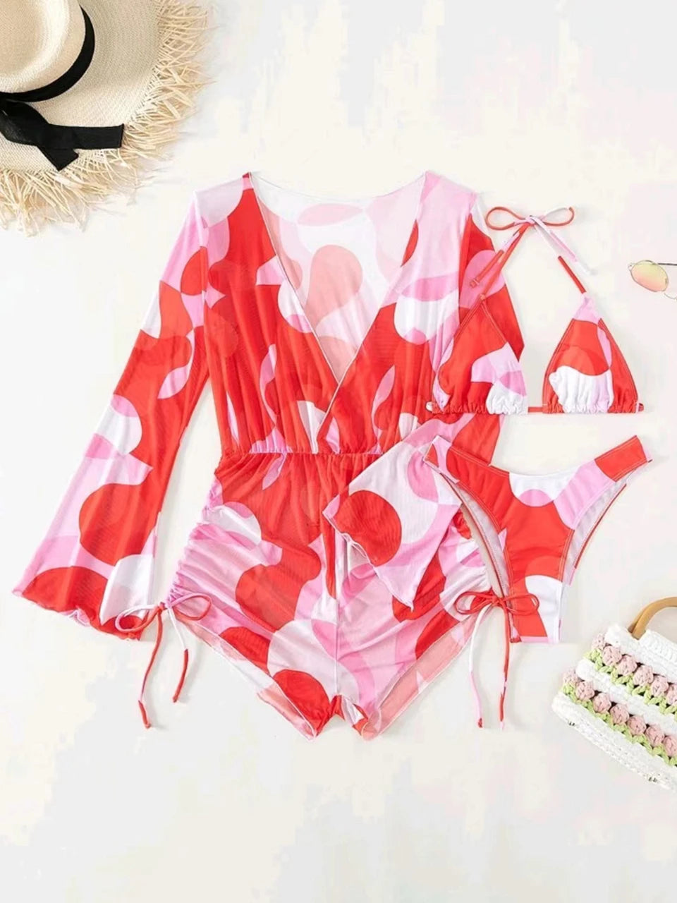 3 pieces Halter Bikini Tropical Print Swimsuit Drawstring Side Swimwear Women Long Sleeve Bathing Suit Female Swimming Beachwear