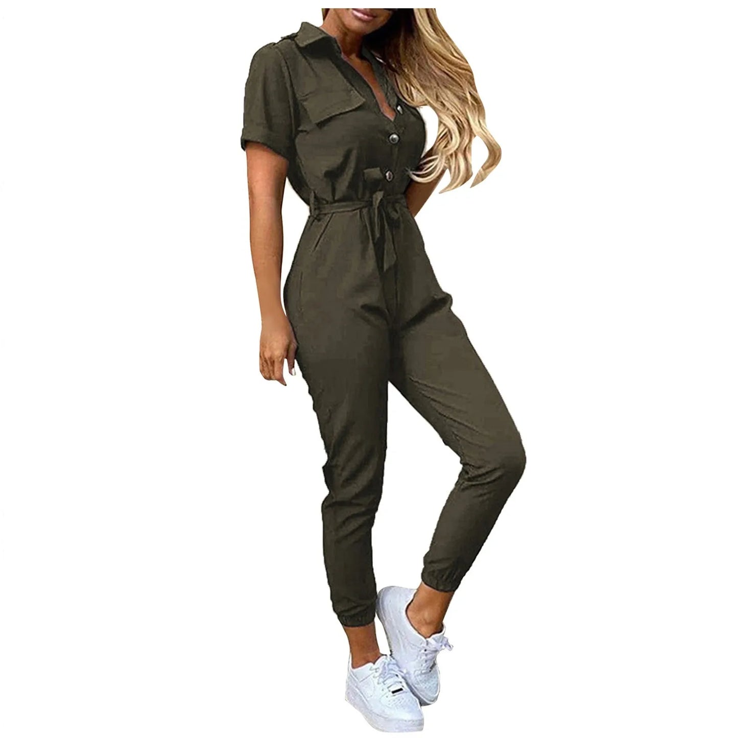 Women's Casual Lapel Lace-Up Printed Belt Short Sleeve Jumpsuit Summer Fashion Workwear Keep Short Eye Catching Junior Size