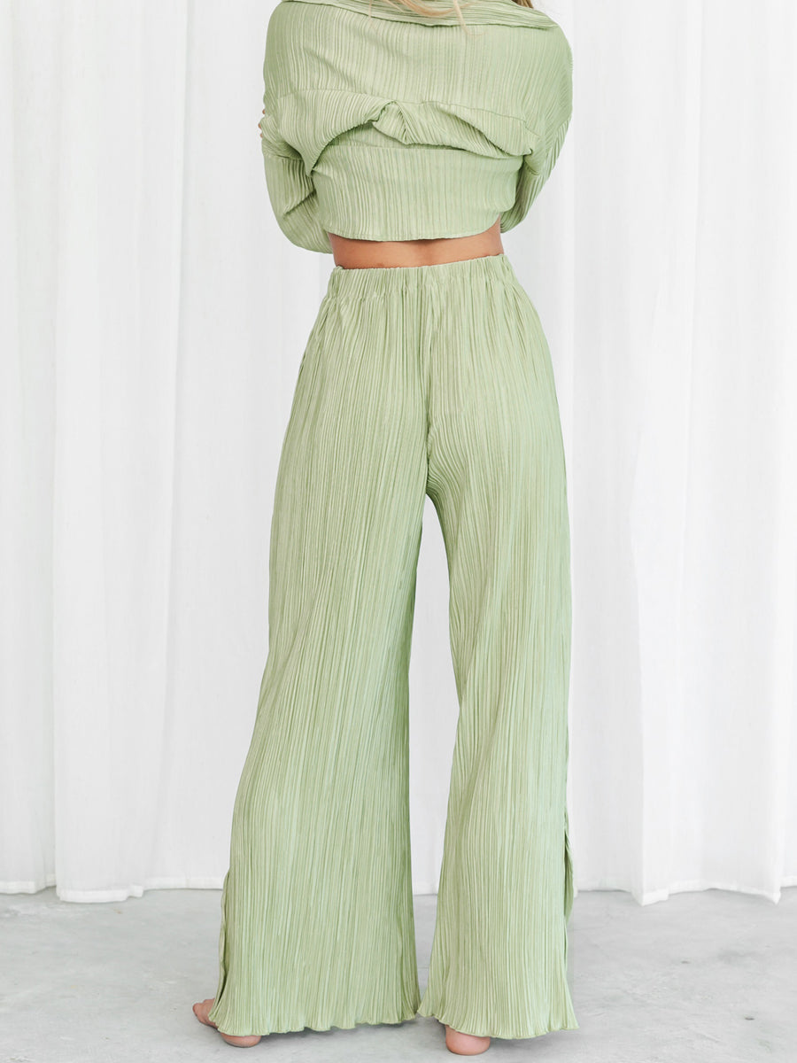Women's Two-piece Pleated Pants Sets Chic Solid Color Long Sleeve Button Down Shirts with Straight Leg Trousers Casual Style