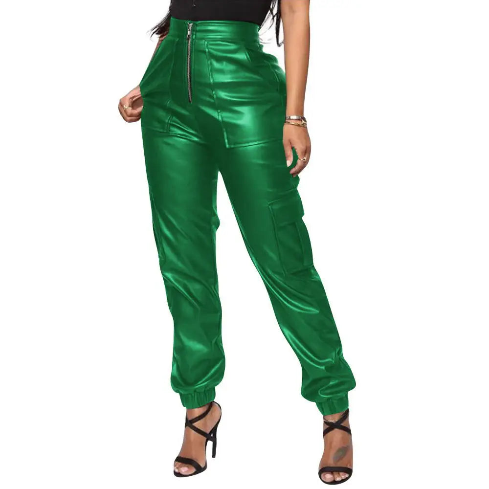 Autumn Winter Fashion Women's Trousers Faux Leather High Waisted Joggers with Zipper Multi Pocket Straight-Leg Cargo Pants