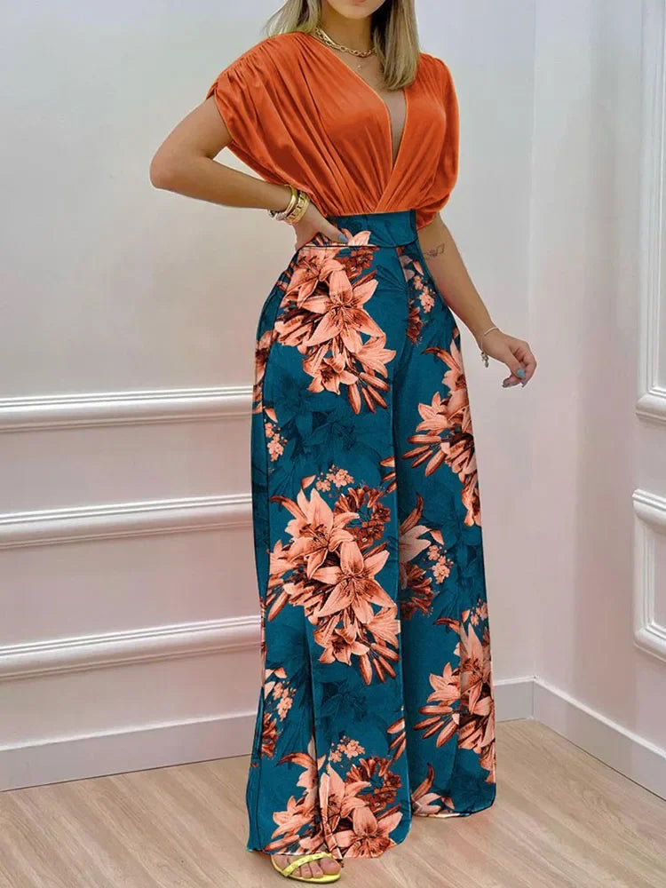 Ladies Fashion V-Neck Work Wide Leg Office Trousers Suit 2022 Summer 2 Pieces Set For Women Short Sleeve Top And Long Pant Suits