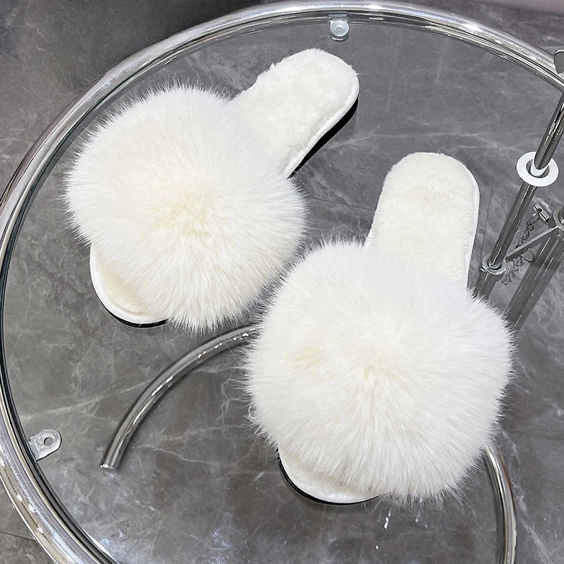 Women's Home Slippers Winter Pink Fur Kawaii Flats Furry Elegant Comfortable Soft Shoes for Woman and Low Price