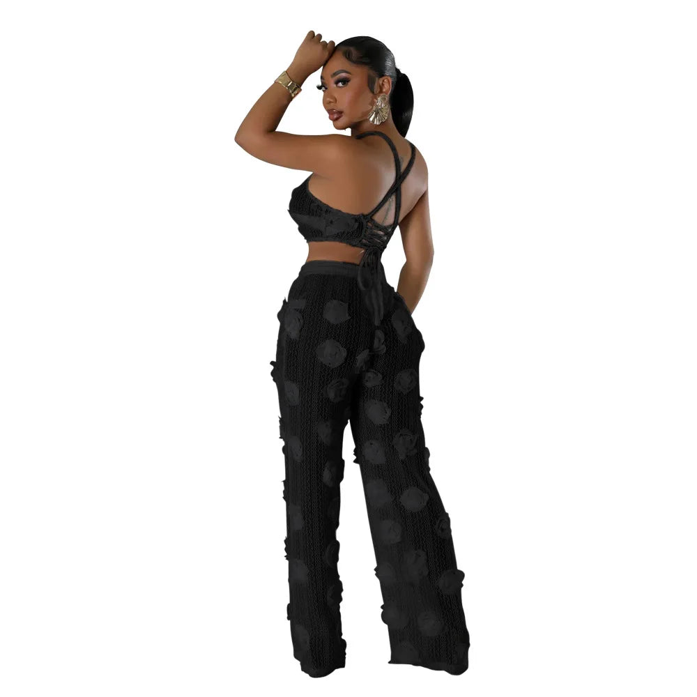 Sexy Crop Mesh Tops Two Piece Pant Set Outfits Matching Sets 2024 Women Y2K Streetwear Elegant Flower 2 Piece Summer Set