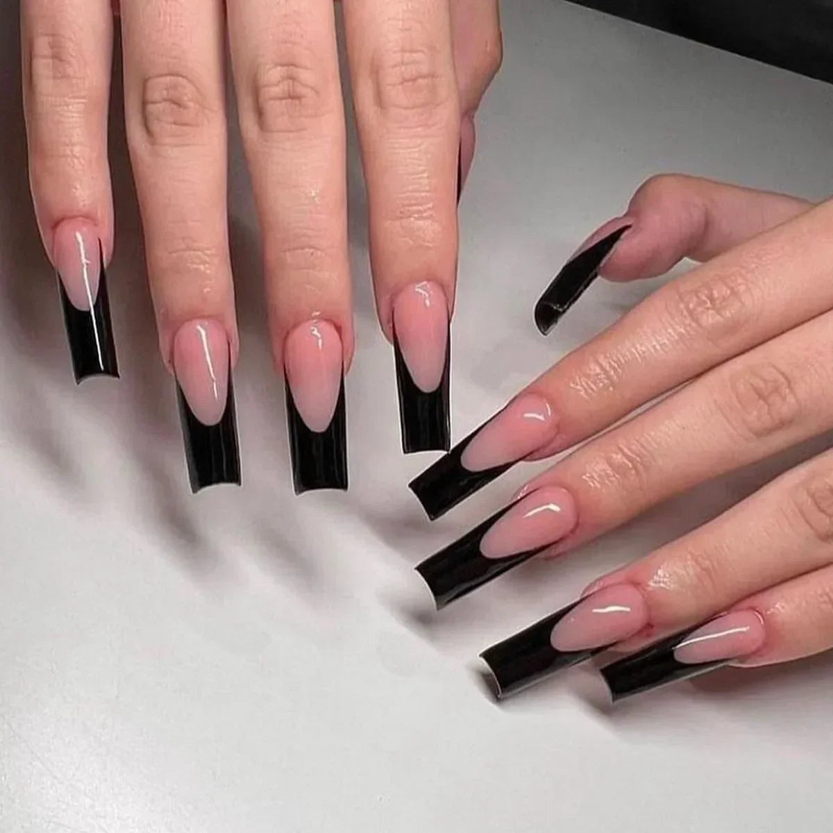 24Pcs Shimmery Long Coffin False Nails with Glue Ballerina Nail Design Sweet Fashion French Press on Acrylic Nails Manicure Tips