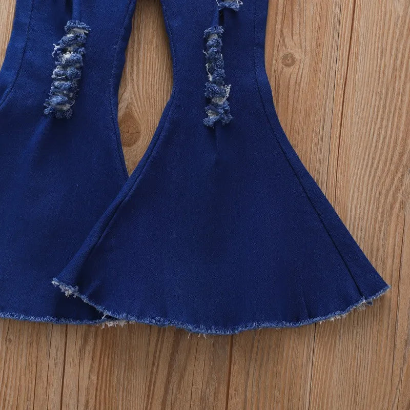 New Spring Autumn Girls Casual Jeans Bell Bottom Trousers Kids Vintage Ripped Solid Stretch Denim Flare Pants Children Clothing