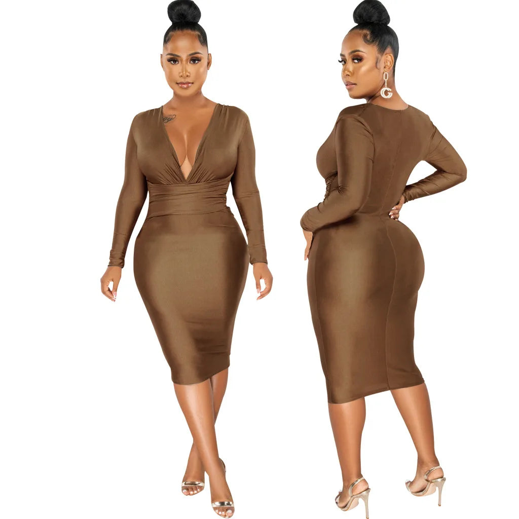 CM.YAYA Women V-neck Elegant Long Sleeve Midi Dress 2024 Winter Ruched OL Streetwear Africa Party Club Dresses Vestidos