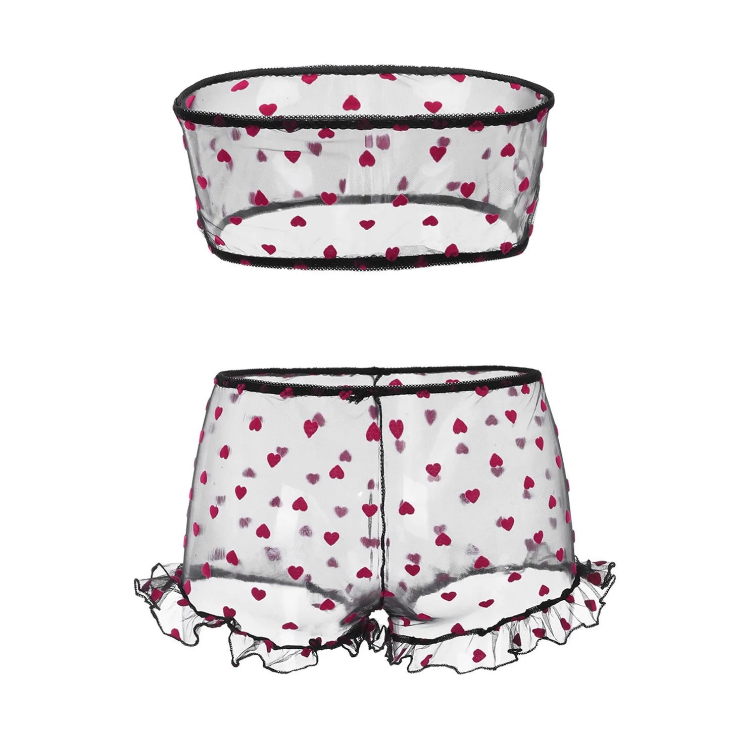 Ultra Thin Love Sheer Mesh Three Point Set: Women's Sexy Crop Tops Thong Pajama Set for Adults- Eye Catching Boudoir Outfits