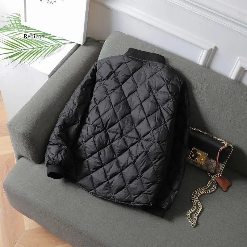 Casual Ultralight Thin Short Winter Down jacket Fashion Lozenge Parka Coat Female Streetwear White bomber Jacket Outwear