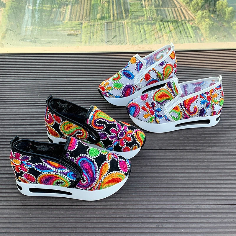Embroidery Thick Platform Sneakers Women 2024Autumn Breathable Mesh Loafers Woman Plus Size 42 Slip on Wedge Heels Casual Shoes