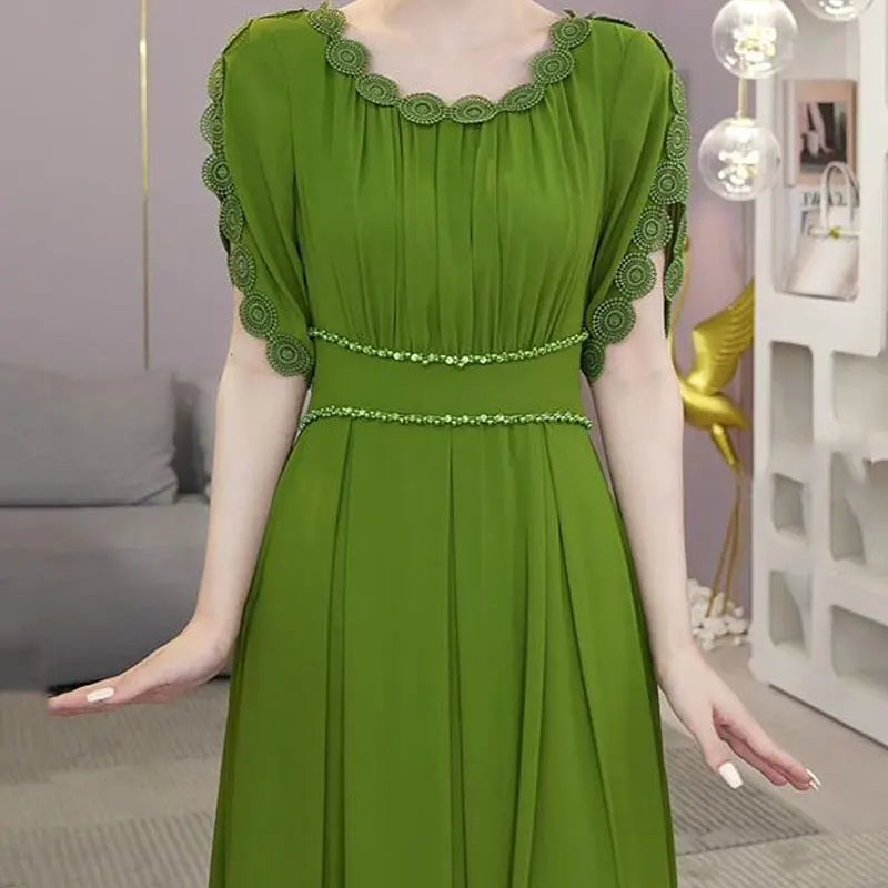 Summer Elegant Petal Sleeve Dresses Stylish Lace Spliced Pleated Women's Clothing Waist Chic Beading Casual O-Neck Long Dress