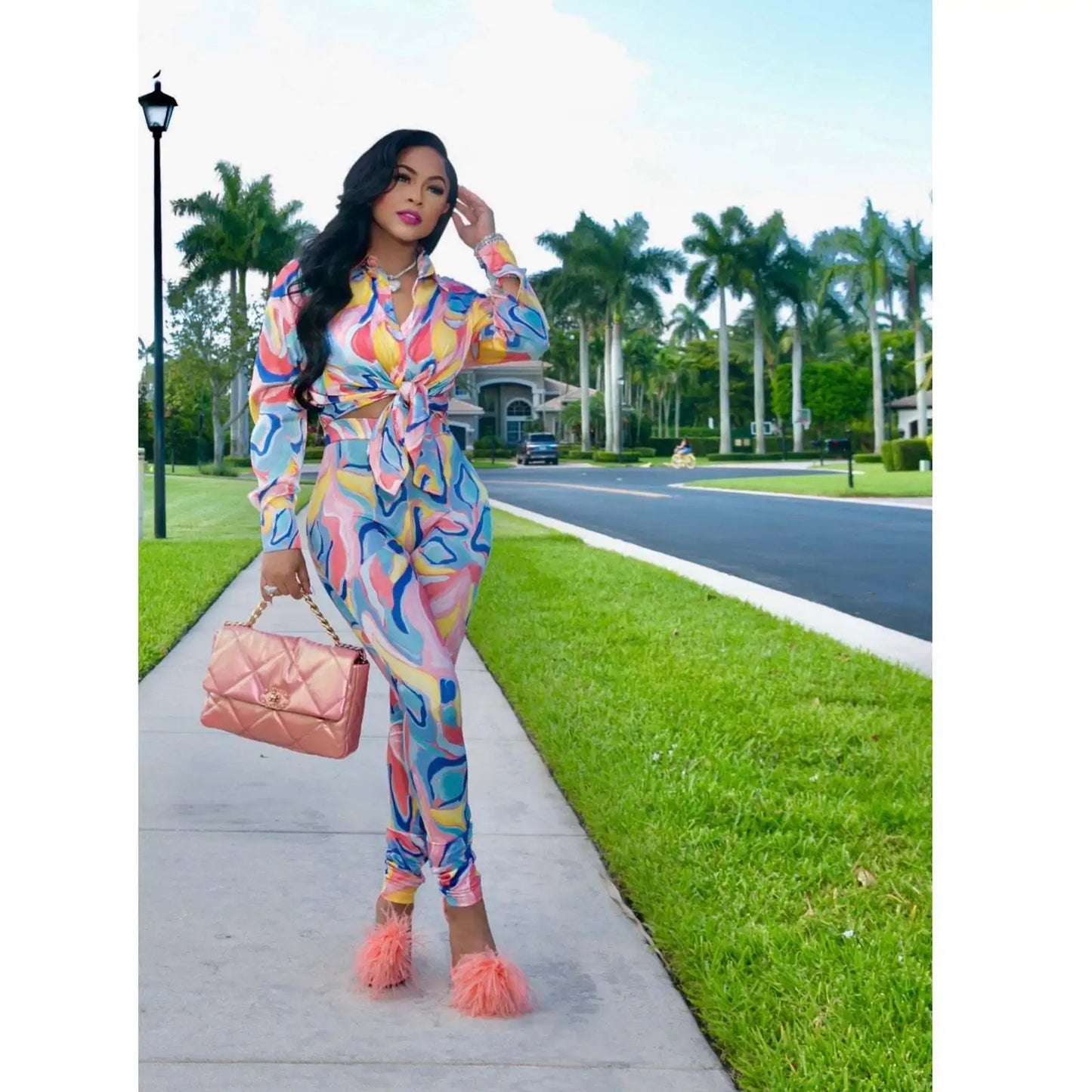 CM.YAYA Autumn Letter Leaf Print Women's Set Blouses Shirt Legging Pants Suit Active Wear Tracksuit Two Piece Set Fitness Outfit