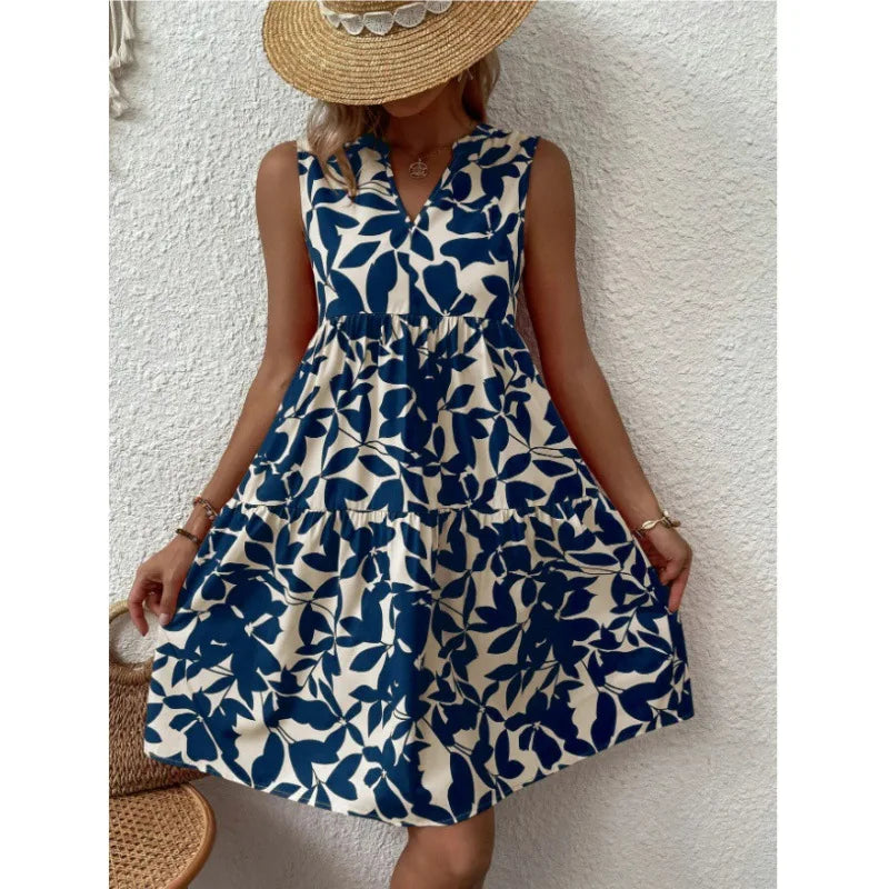 Fashion V-neck Sleeveless Boho Print Mini Dress Women Summer Casual Loose Pleats Short Dresses For Women Vestidos