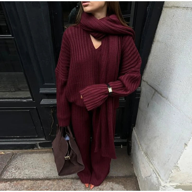 Oversize Knitted Women's Set V-Neck Full Sleeve Scarf Pullover Long Trousers Casual Loose Lady Suit for Autumn