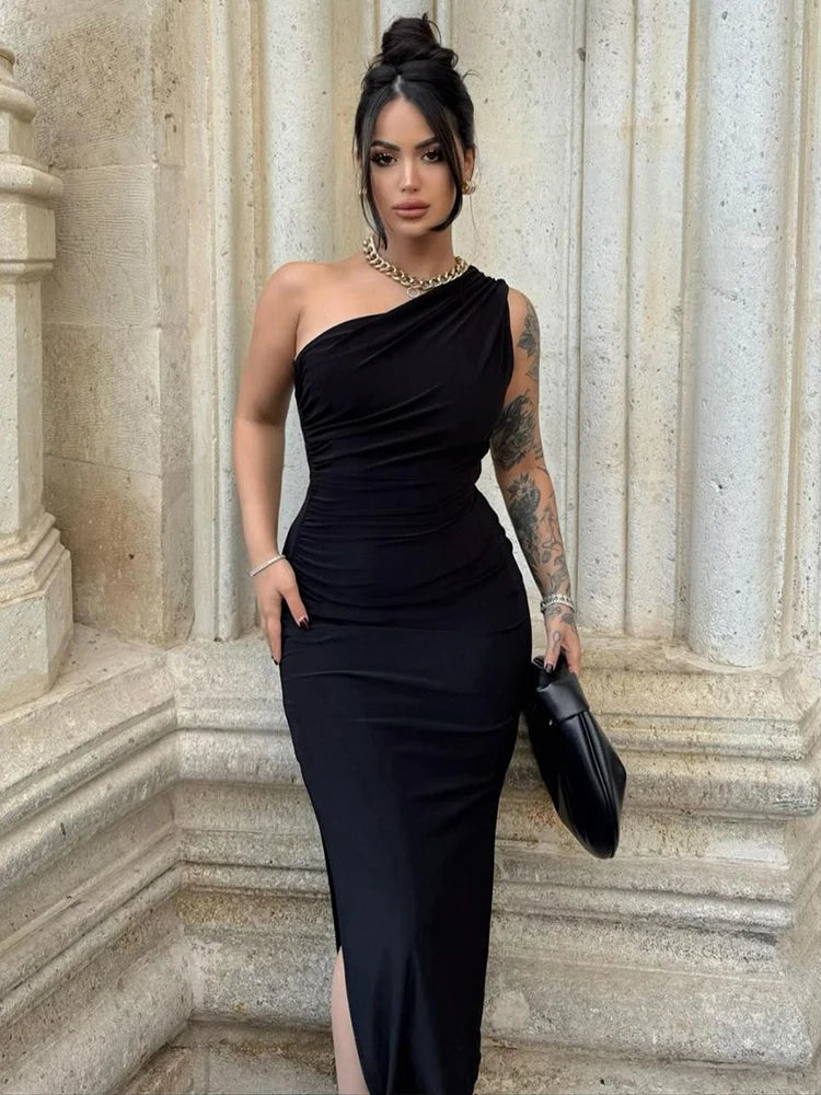 Elegant Black Maxi Dress for Women Sexy Split Sleeveless Backless Summer Fashion Off Shoulder Club Party Dress