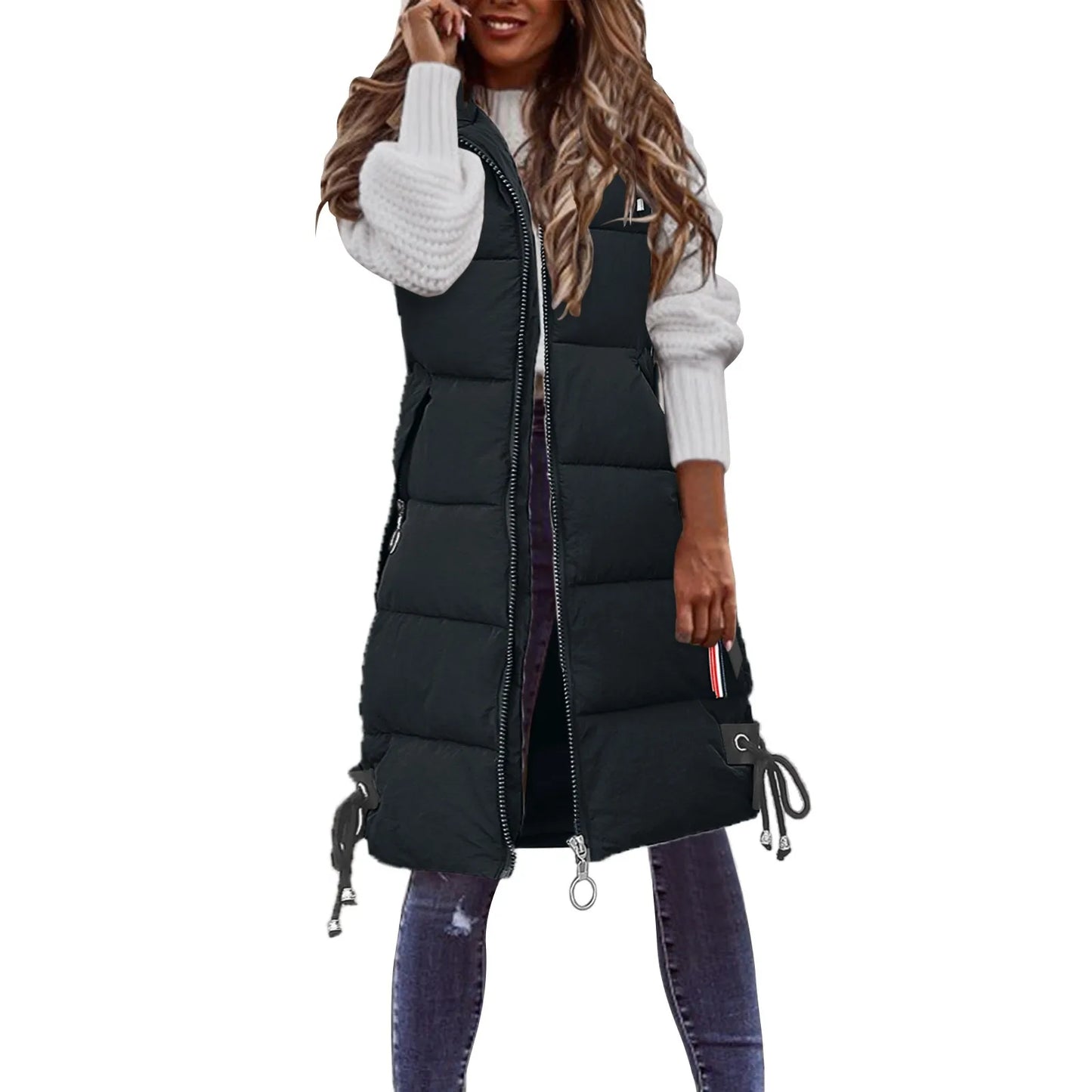 Women's Sleeveless Vest Long Down Cotton Jacket Solid Padded Vests Loose Females Fashion Casual Winter Coat L5