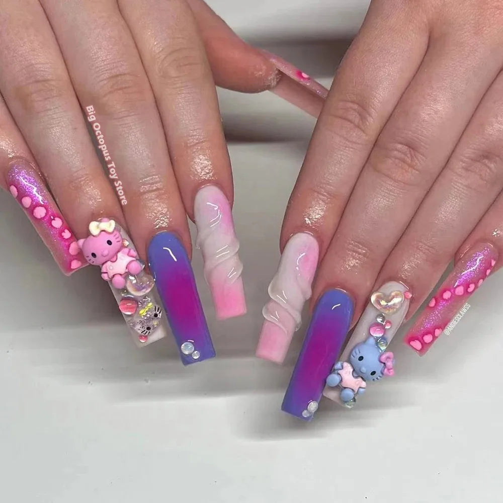 Xxl Euro-Americaen Long Square Cartoon Fake Nails Hello Kitty Mymelody Kuromi Luxury Diamond Handmade Nail Tips Party Sticker