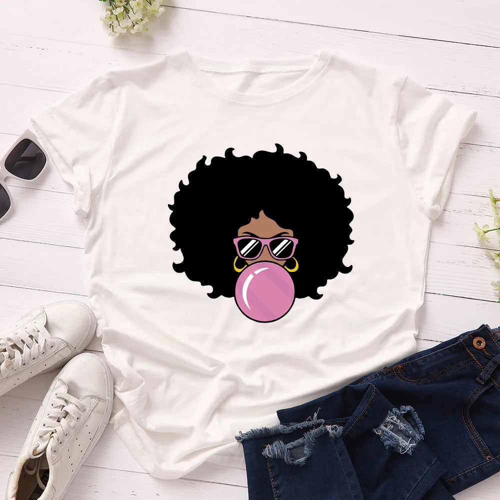 Funny Melanin T Shirt Women Cute Bubble Gum Curly Hair Black Girl Print Tshirt Top Tee Summer Harajuku Ulzzang T-shirt