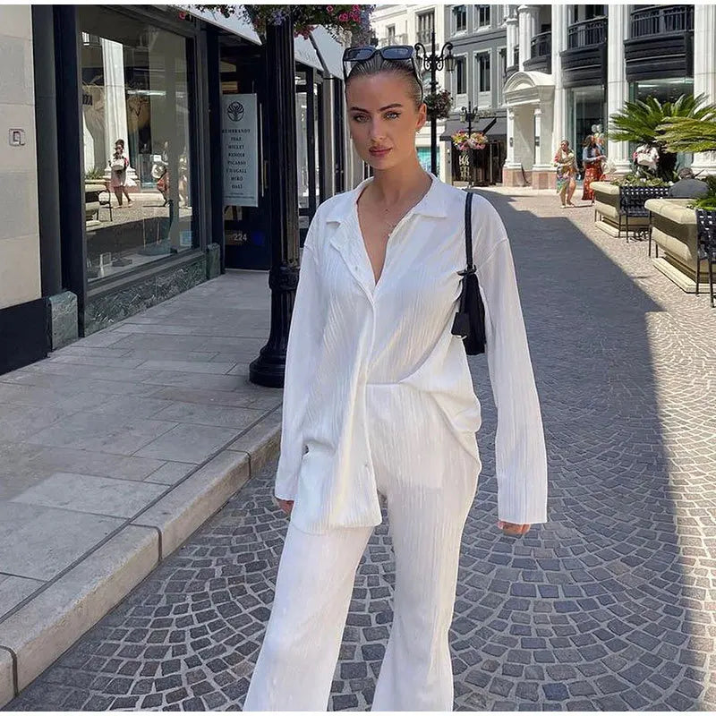 New Spring And Autumn Suit Women's Pleated Lapel Shirt Loose Casual Suit Solid Color Drape Pleated Casual Suit