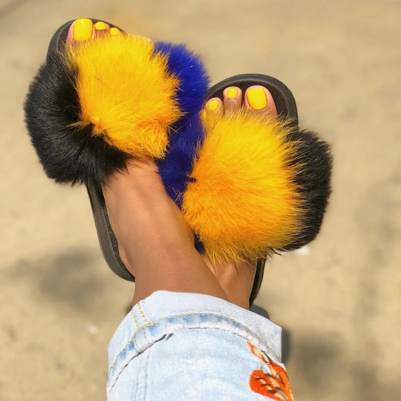 Rainbow Fur Slides Women's Furry Plush Raccoon Fox Fur Slippers Indoor Flat Non-Slip Summer Beach Flip Flops Large Size Sandals