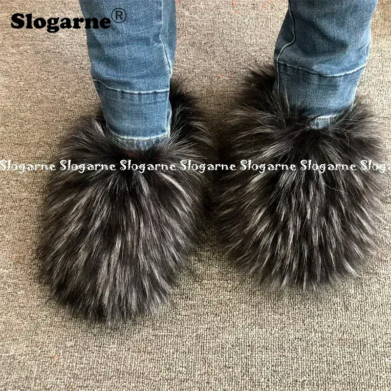 New Colorful Raccoon Fur Slippers Women Winter Faux Fur Shoes Ladies Luxury Furry Slippers Girls Artificial Fox Furs Slides Shoe