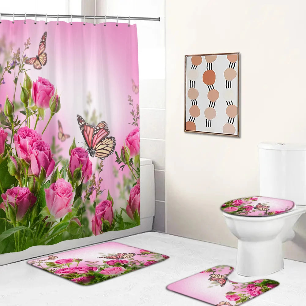 Butterfly Rose Flower Printed Waterproof Bathroom Shower Curtain Set Non-Slip Bath Mat Rug Sets Toilet Cover Bathroom Decor