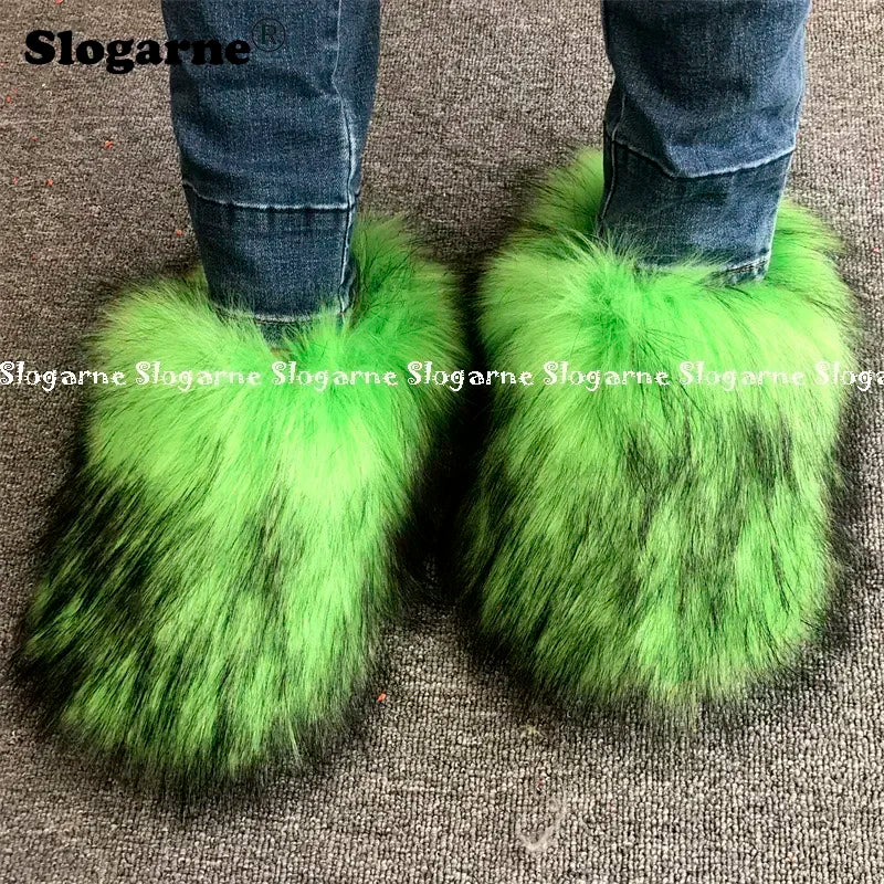New Colorful Raccoon Fur Slippers Women Winter Faux Fur Shoes Ladies Luxury Furry Slippers Girls Artificial Fox Furs Slides Shoe