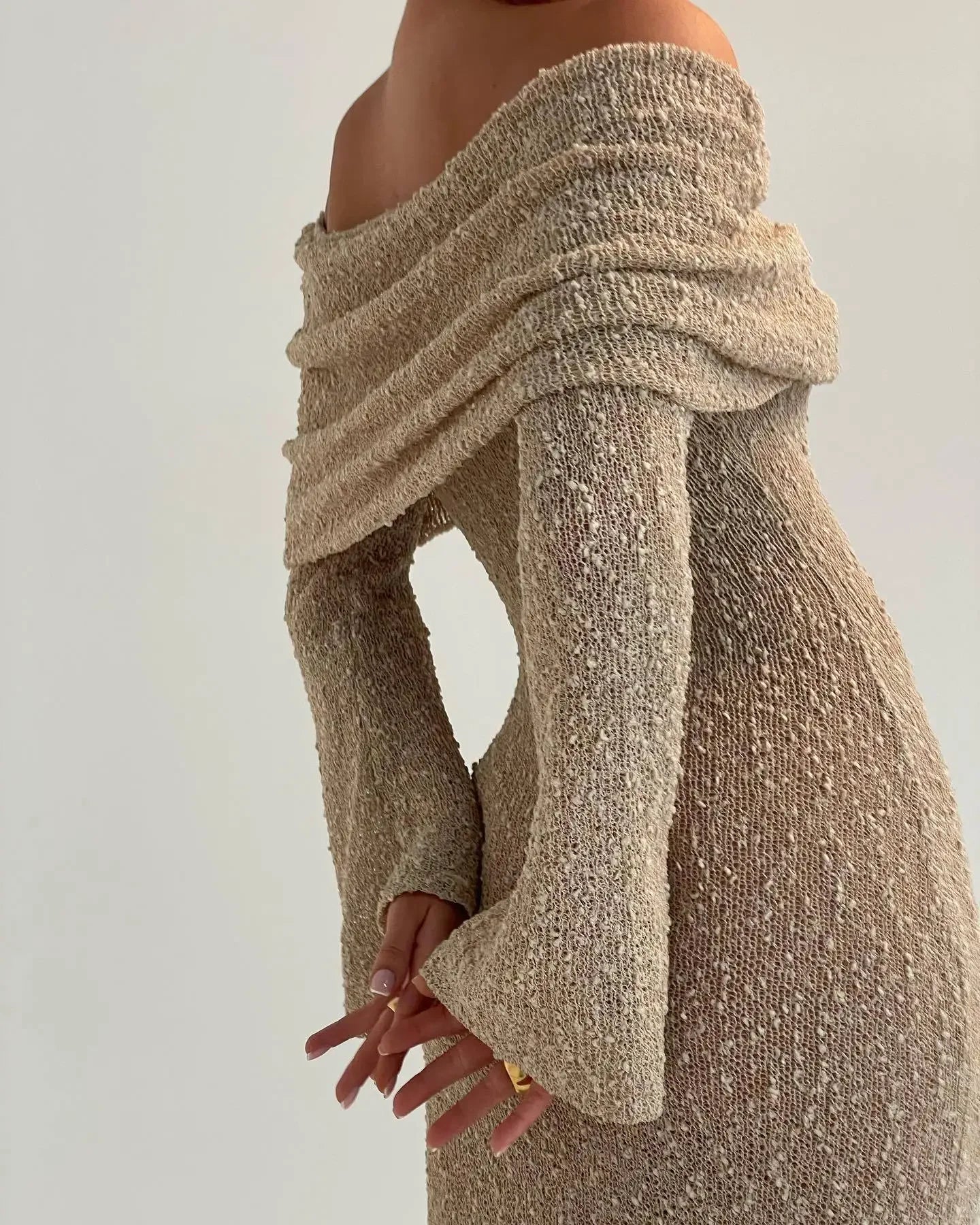 Knit Hollow Out Off-Shoulder Maxi Dress Female Cover up Loose Long Sleeve Holiday Beach Party Dress Women Knitwear Dress