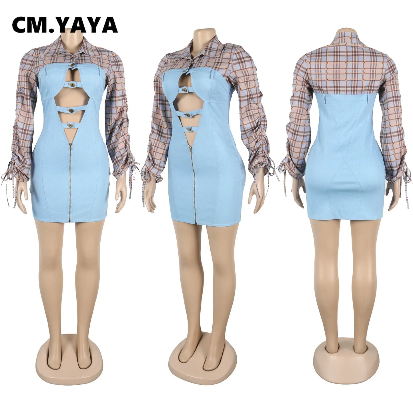 CM.YAYA Fashion Women Plaid Denim Patchwork Long Sleeve Shirt Dress Fall Sexy Party Hollow Out Autumn Winter Street Mini Dresses