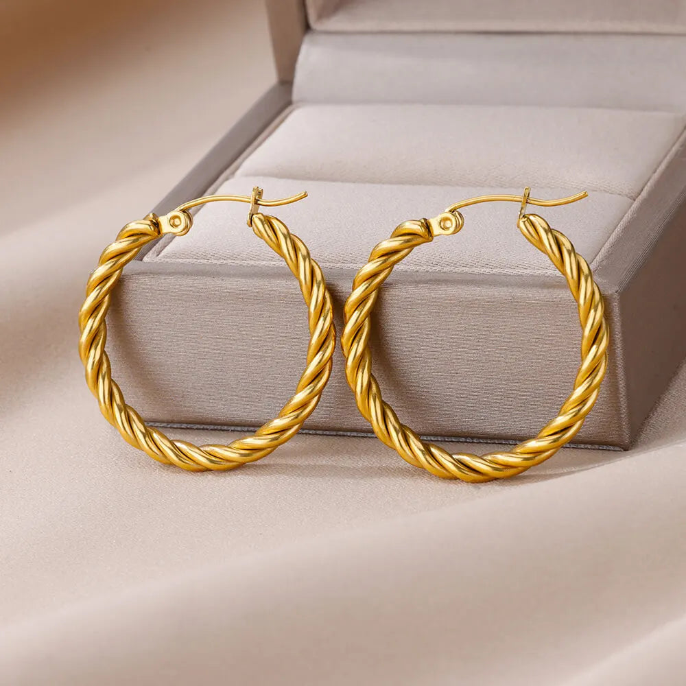 Stainless Steel Twist Hoop Earrings For Women Vintage Gold Plated Geometric Earring Luxury Wedding Statement Jewelry Accessories