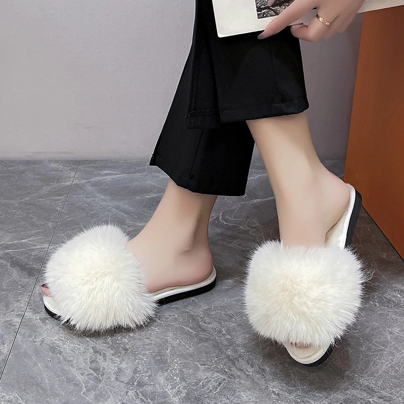 Women's Home Slippers Winter Pink Fur Kawaii Flats Furry Elegant Comfortable Soft Shoes for Woman and Low Price