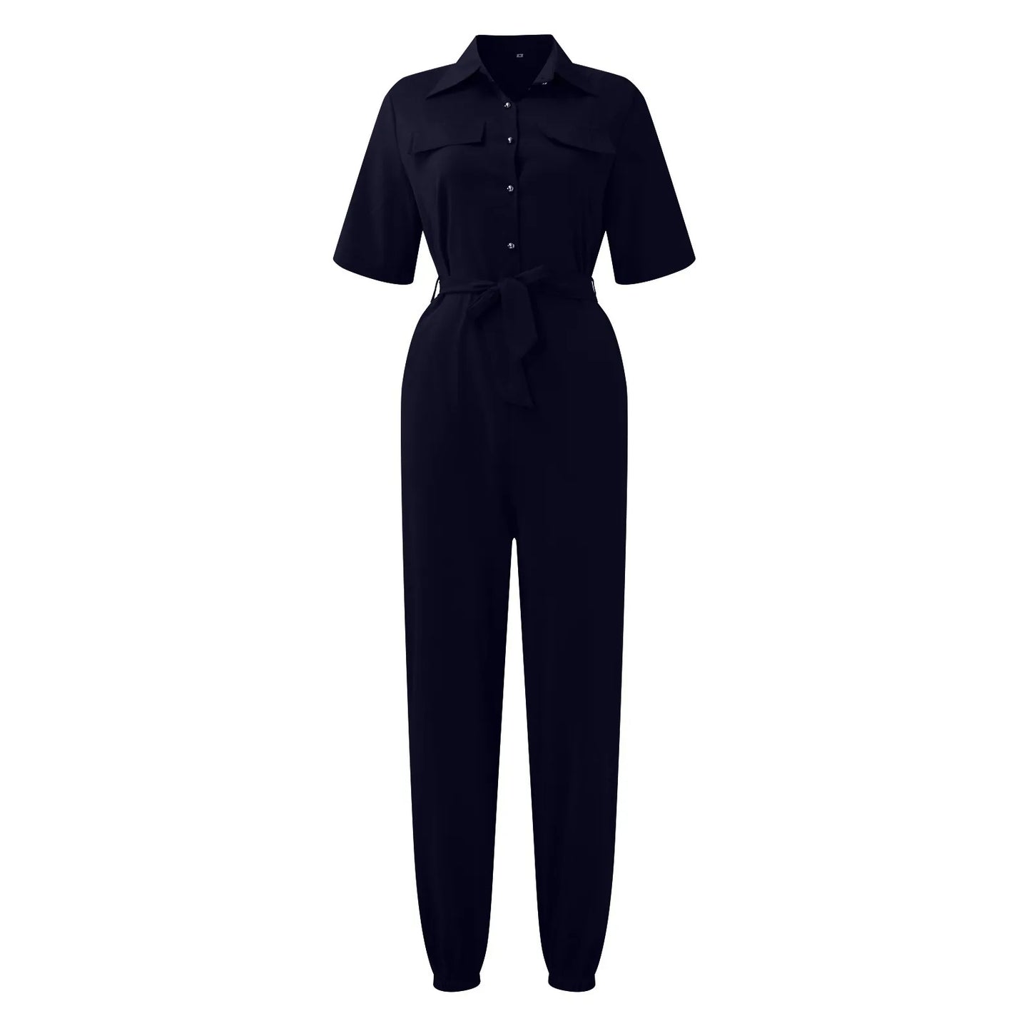 Women's Casual Lapel Lace-Up Printed Belt Short Sleeve Jumpsuit Summer Fashion Workwear Keep Short Eye Catching Junior Size